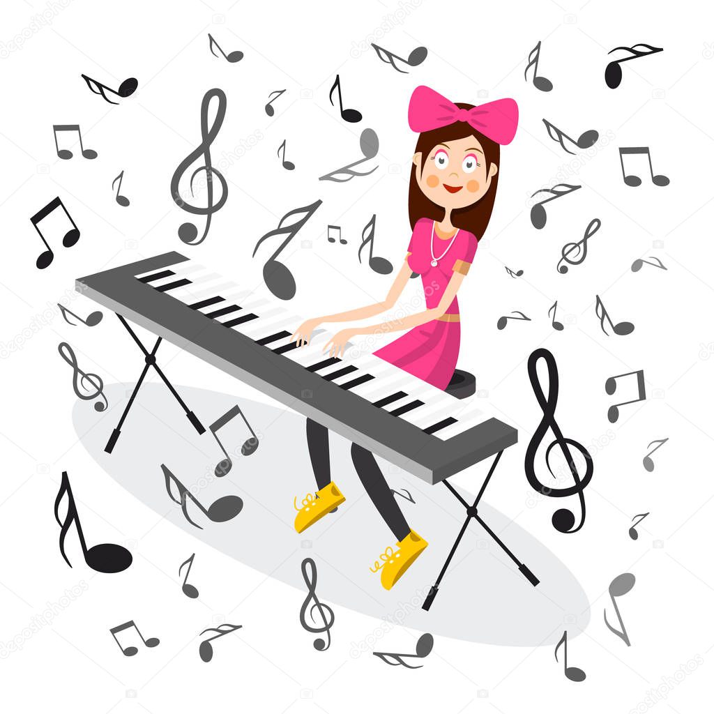 Woman in Pink Playing Electric Piano with Notes Vector Illustration. Jazz or Pop Music Cartoon with Happy Girl.