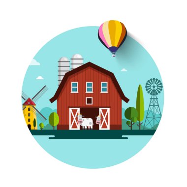 Kırsal manzara. Ahır ve Rüzgar değirmenleri vektör düz tasarlamak.