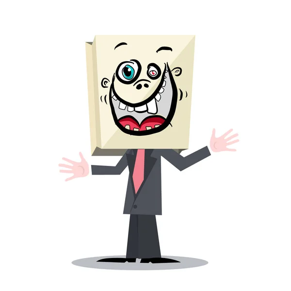 Hombre desconocido en traje con bolsa de papel en la cabeza con loco Funky sonriente cara Vector ilustración — Vector de stock