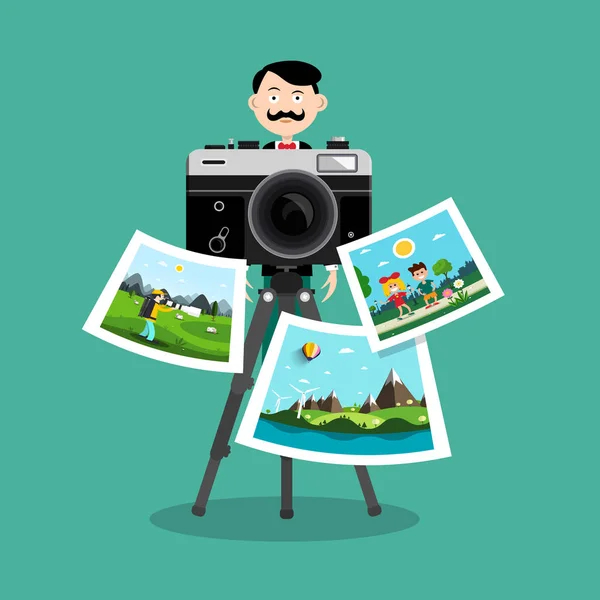 Fotografo con foto stampate e Retro Camera Vector Design — Vettoriale Stock