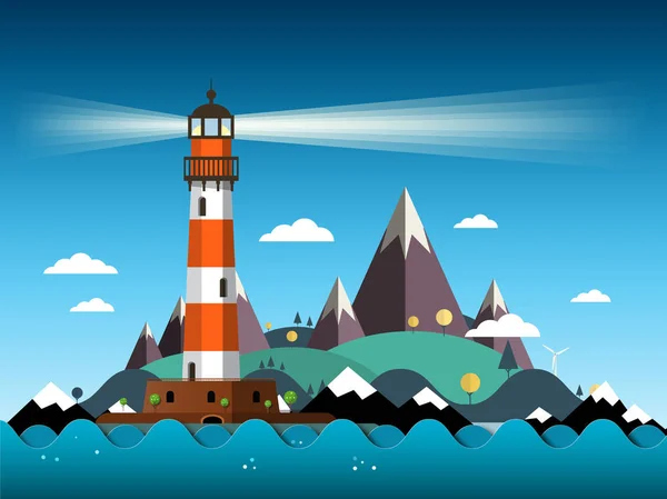 Eiland met vuurtoren op zee en bergen vectorillustratie — Stockvector