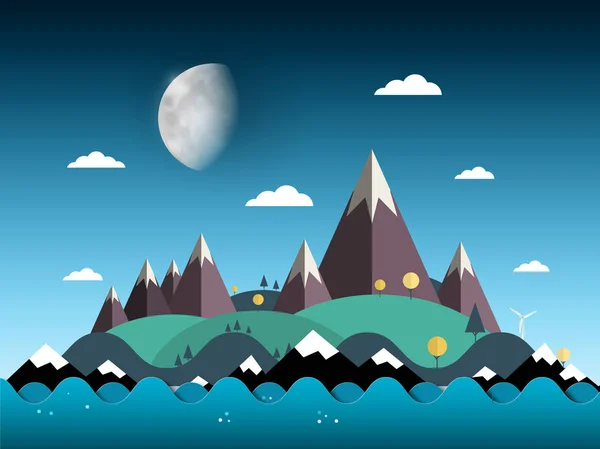 Bergen en heuvels op het eiland. Zee met maan aan de hemel landschap vectorillustratie avond. — Stockvector