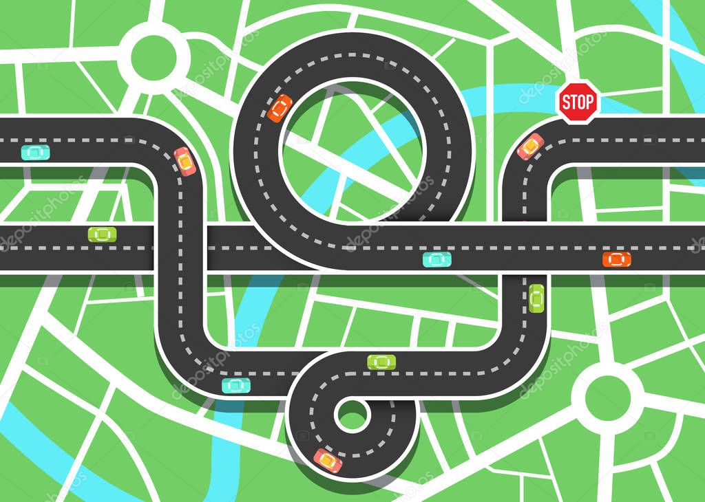 Top View Vector City Map with Cars on Road and Stop Sign
