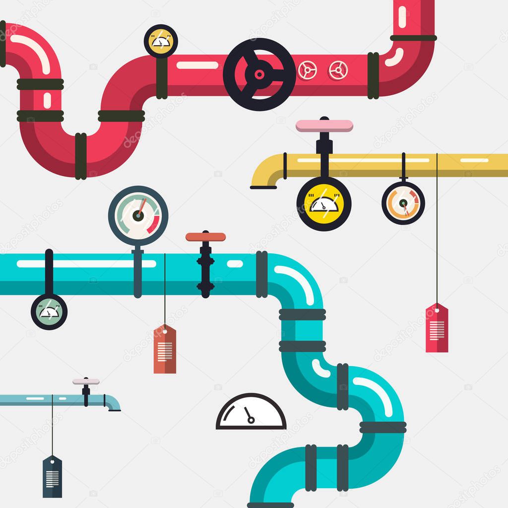 Plumbing - Pipeline Vector Flat Design Illustration with Pipes and Valves
