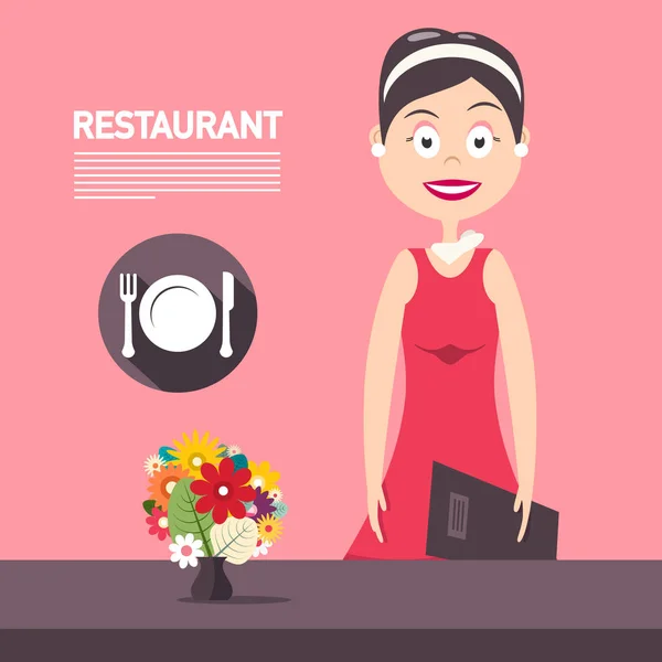 रेस्टॉरंट मॅनेजर गुलाबी पार्श्वभूमी वेक्टर डिझाइनवर फुले. प्लेट, चाकू आणि काटा प्रतीक लाल ड्रेस मध्ये सुंदर महिला . — स्टॉक व्हेक्टर