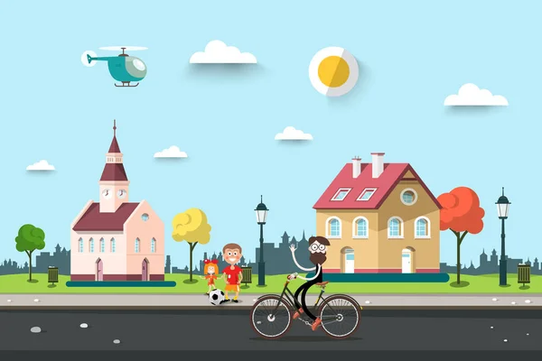 Ηλιόλουστη μέρα στο χωριό ή πόλη πάρκο με σπίτια. Ο άνθρωπος στο ποδήλατο στον δρόμο και τα παιδιά στο μονοπάτι — Διανυσματικό Αρχείο