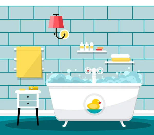 Ванна кімната з ванною та рушники на плитки стін вектор дизайн — стоковий вектор