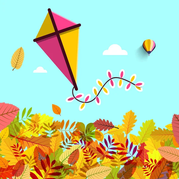 Autumn Leaves with Kite on Blue Sky. Vector Fall Background. — Stock Vector