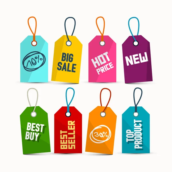 Hanging Sale Tags with Ropes - Colorful Paper Vector Discount Labels Set — Stock Vector