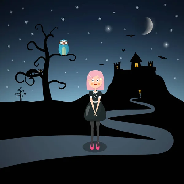 Scary Vector Landscape with Emo Girl, Cat, Owl on Tree and Bats woth Moon above Castle Silhouette. — Stock Vector