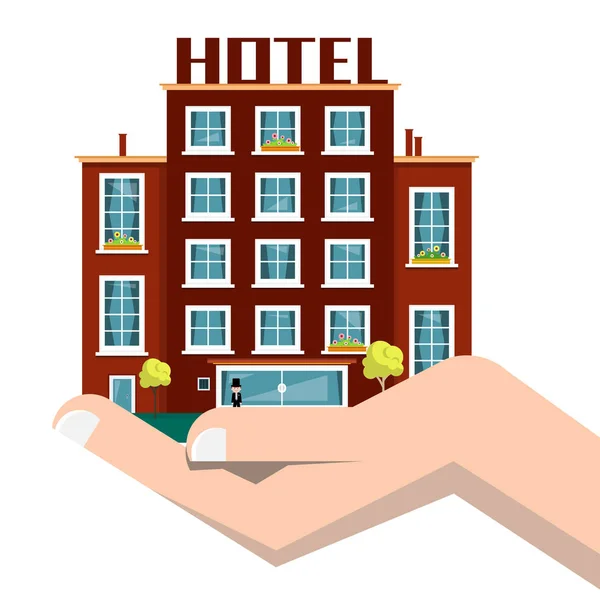 Icono del edificio del hotel en mano humana aislado sobre fondo blanco — Vector de stock