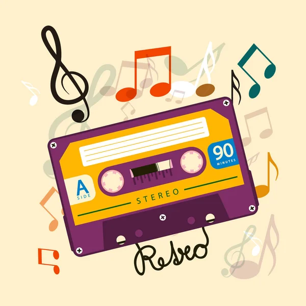 Audio Cassette Tape with Notes - Music Vector Retro Design — Stock Vector