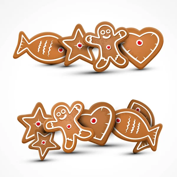 Xmas Vector biscoitos de gengibre. Estrela de Natal, Peixe, Homem e Bolacha do Coração . — Vetor de Stock