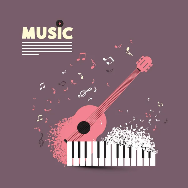 Musik-CD oder Poster Retro Cover Design mit Gitarre, Flying Notes und Piano Keyboard. — Stockvektor