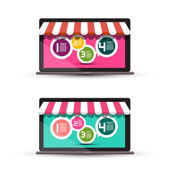 Diseño de tienda de Internet en la pantalla del cuaderno. Tienda virtual vectorial en el ordenador portátil. Página Web Infográfica en el Dispositivo . — Vector de stock