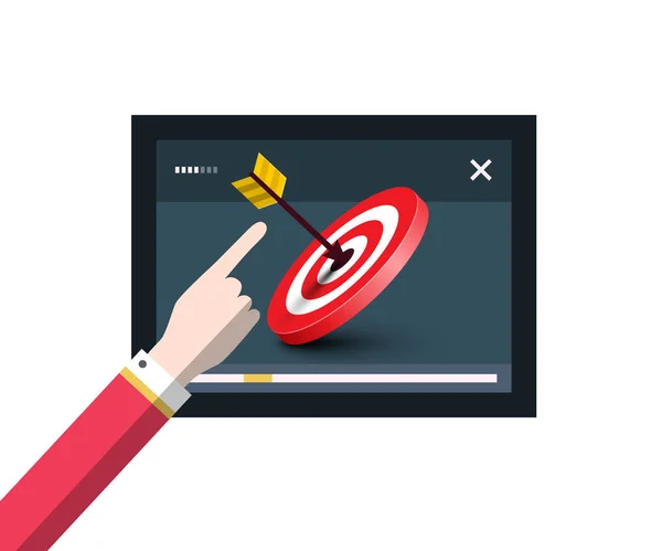 Touchscreen Video Device Player with Dart on Target and Human Hand — Stock Vector
