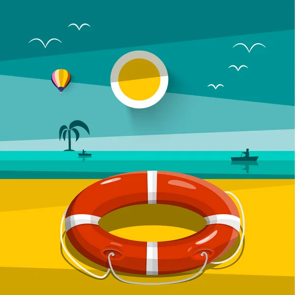 Lifebuoy Ring em Sand Beach. Sunset Vector Flat Design Paisagem com círculo de resgate e sol acima do oceano . — Vetor de Stock