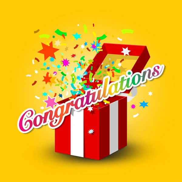 Nyitott ajándékdoboz a konfetti és gratulálok Symbol Vector ünnepe design — Stock Vector