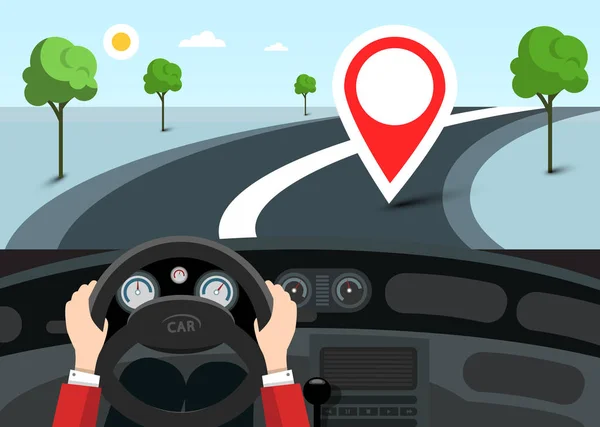 Navigace v autě s červeným špendlíkem na cílovém místě. Vektor plochý design krajina se silnicí a rukama na volantu. — Stockový vektor