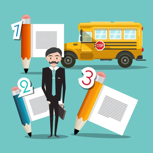 Profesor con tres pasos Diseño de infografía y autobús escolar — Vector de stock