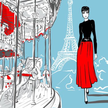 Paris 'te retro tarzında güzel bir kadın. Vintage elbise altmışlı 