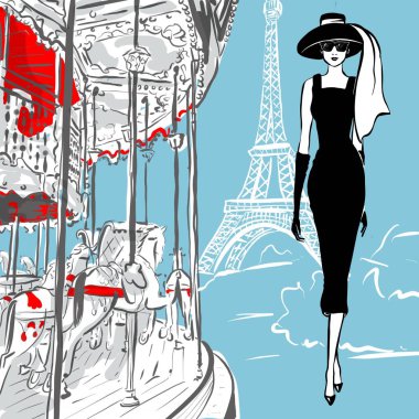 Paris 'te retro tarzında güzel bir kadın. Vintage elbise altmışlı 