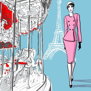 Paris 'te retro tarzında güzel bir kadın. Vintage elbise altmışlı 