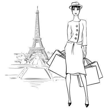 Paris 'te retro tarzında güzel bir kadın. Vintage elbise altmışlı 