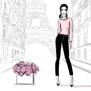 Paris 'te retro tarzında güzel bir kadın. Vintage elbise altmışlı 