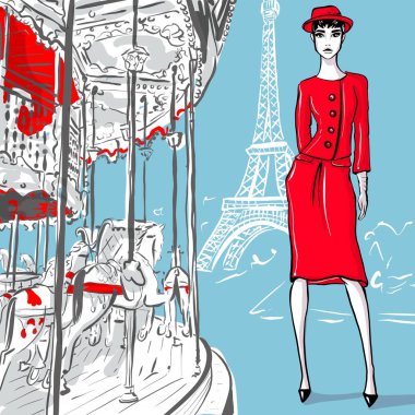 Paris 'te retro tarzında güzel bir kadın. Vintage elbise altmışlı 