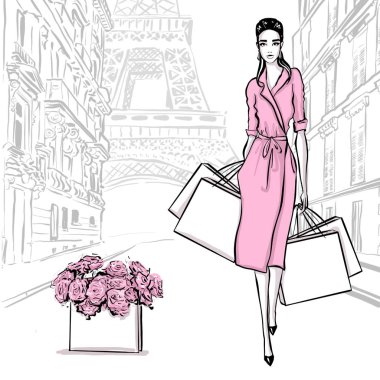 Paris 'te retro tarzında güzel bir kadın. Vintage elbise altmışlı 