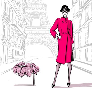 Paris 'te retro tarzında güzel bir kadın. Vintage elbise altmışlı 