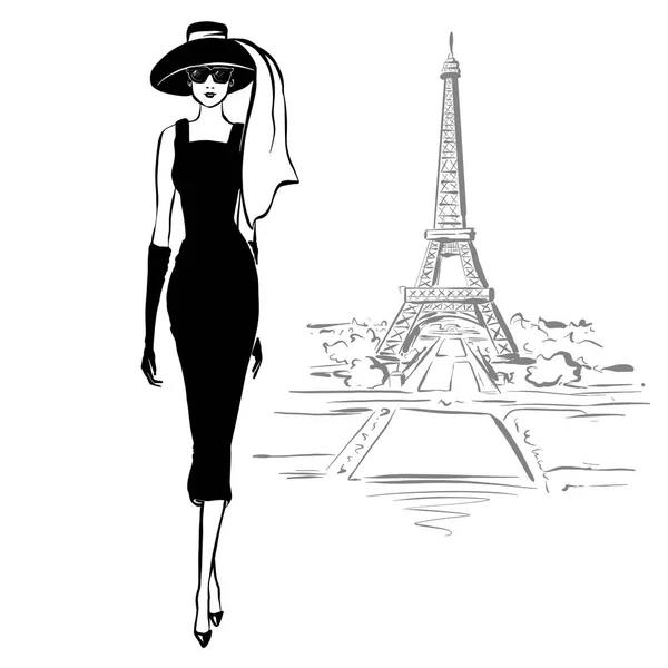 Schöne Frau im Retro-Stil in Paris. Vintage Kleid sechziger Jahre — Stockfoto