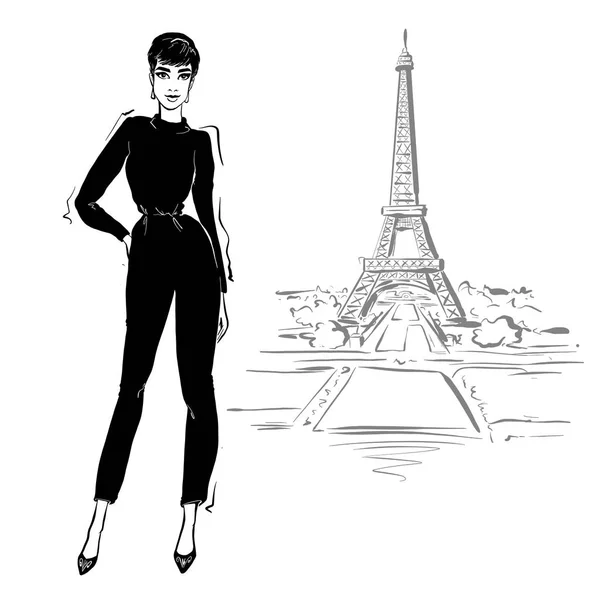 Schöne Frau im Retro-Stil in Paris. Vintage Kleid sechziger Jahre — Stockfoto