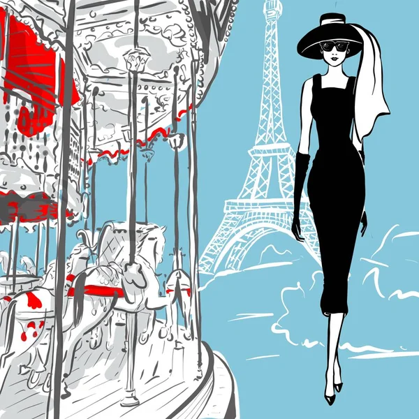 파리에서 복고 스타일의 아름 다운 여자입니다. 빈티지 드레스 60 년대 — 스톡 사진