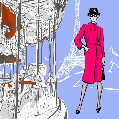 Paris 'te retro tarzında güzel bir kadın. Vintage elbise altmışlı 