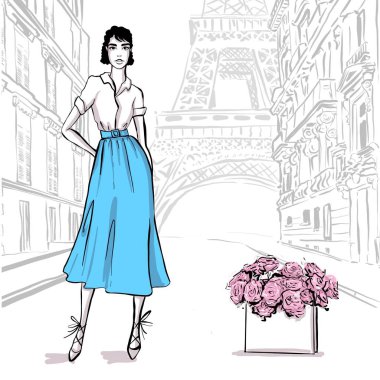 Paris 'te retro tarzında güzel bir kadın. Vintage elbise altmışlı 