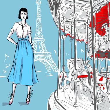 Paris 'te retro tarzında güzel bir kadın. Vintage elbise altmışlı 