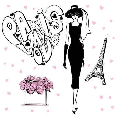 Paris 'te retro tarzında güzel bir kadın. Vintage elbise altmışlı 