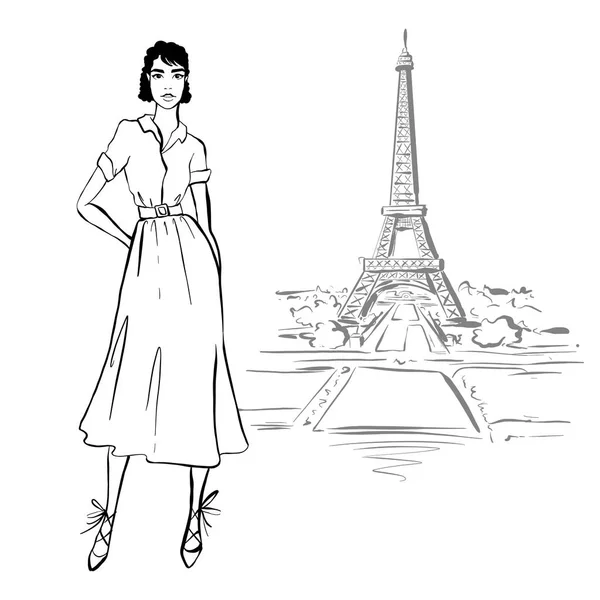 Schöne Frau im Retro-Stil in Paris. Vintage Kleid sechziger Jahre — Stockfoto