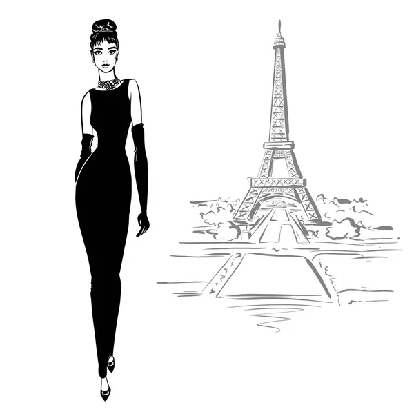 Hermosa mujer de estilo retro en París. vestido de época años sesenta —  Fotos de Stock