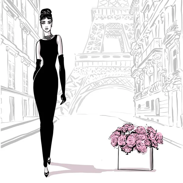 Mulher bonita em estilo retro em Paris. vestido vintage anos sessenta — Fotografia de Stock