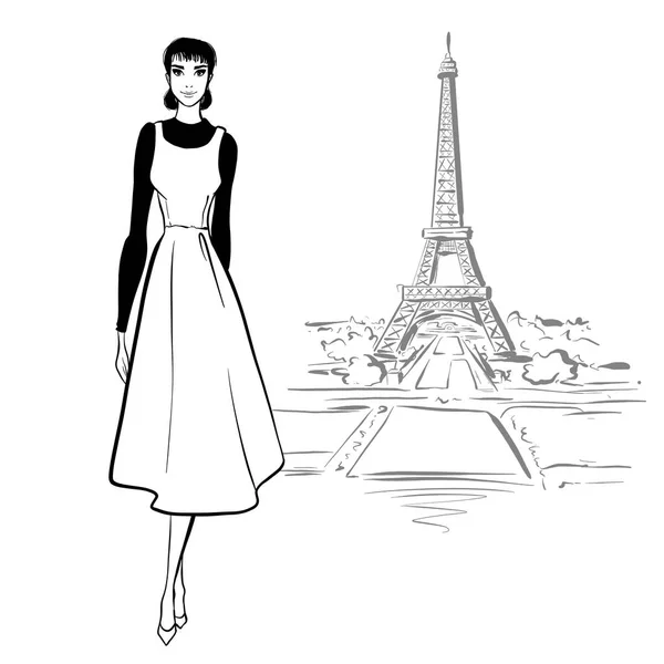 Όμορφη γυναίκα σε ρετρό στυλ στο Παρίσι. vintage φόρεμα 60 — Φωτογραφία Αρχείου