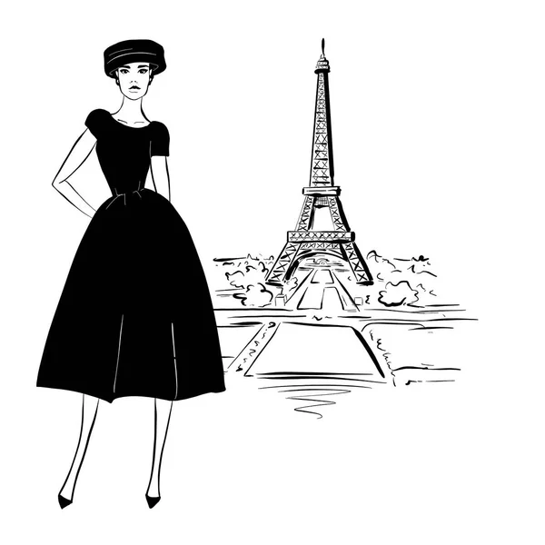 Piękna kobieta w stylu retro w Paryżu. rocznika sześćdziesiątych sukienka — Zdjęcie stockowe