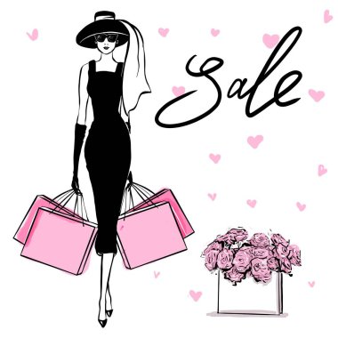 Retro tarzı whith alışveriş çantaları güzel kadın. Vintage Dre