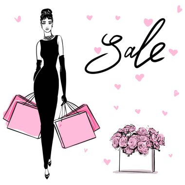 Retro tarzı whith alışveriş çantaları güzel kadın. Vintage Dre