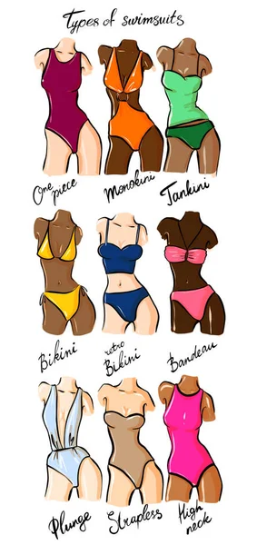 Set of female swimsuit illustration. Various types of women beac — Stock Photo, Image