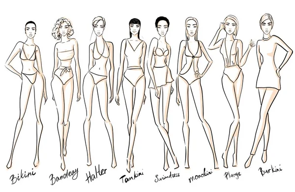 Set of female swimsuit illustration. Various types of women beac — Stock Photo, Image