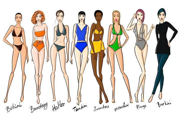 Set of female swimsuit illustration. Various types of women beac — Stock Photo, Image