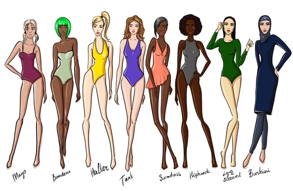 Set of female swimsuit illustration. Various types of women beac — Stock Photo, Image